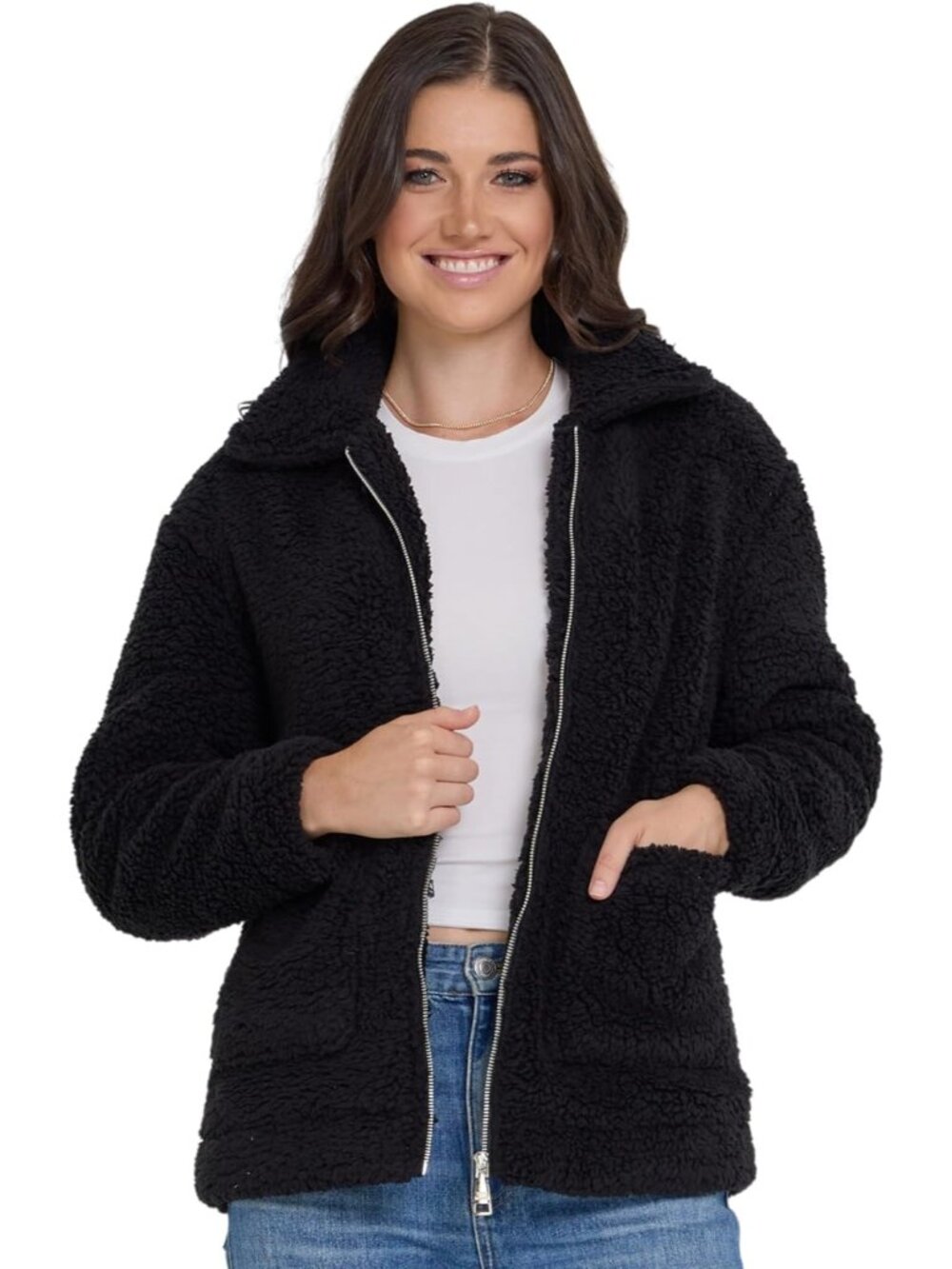 Steve Madden Women's Black Oversized Faux Fur Shearling Winter Sherpa Jackets